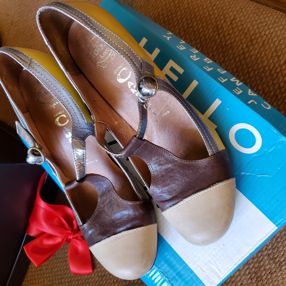 Jeffrey Campbell Cream and Brown Heels with Elegant T-Strap